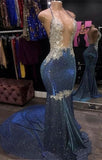 Black Girl Prom Dress Cheap Sparkle Blue Sexy Prom Dresses | Mermaid Silver Aplliques Long Evening Gowns HZ1023
