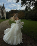 Princess A Line Long Sleeve Tiered Ivory Satin Long Party Dress Evening Dress HZ1023