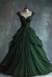 Green A Line Straps Beaded Ruffle Tulle Prom Dress Evening Dress HZ1023