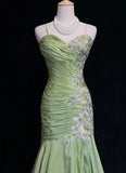 Vintage Mermaid Sweetheart Neck Appliques Green Satin Long Party Dress Evening Dress HZ1023