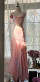 Fairytale Pink Mermaid Spaghetti Strap Beaded Ruffle Chiffon Prom Dress HZ1023