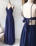 1288,Simple blue v neck chiffon long prom dress, evening HZ1023