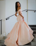 Elegant Mermaid Off the Shoulder Pink Lace Satin Prom Dress Party Dress HZ1023