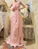Elegant Pink Off the Shoulder 3D Flower Pleated Chiffon Long Prom Dress HZ1023