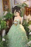 Princess A Line Sweetheart Neck Beaded Green Tiered Tulle Long Party Dress Evening Dress HZ1023