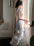 Gentle Mermaid Strap Print Flower Blue Chiffon Party Dress Evening Dress HZ1023