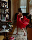 Sexy A Line Spaghetti Strap Flower Burgundy Chiffon Short Party Dress Evening Dress HZ1023