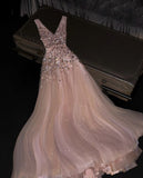 Gentle A Line V Neck Sequin Pink Tulle Long Prom Dress Party Dress HZ1023