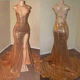 Sexy Gold Sequin Spaghetti-Straps Slit Prom Dresses HZ1023
