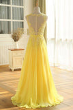 Yellow Floor Length A Line Beading Appliques Sashes Sleeveless Chiffon Long Prom Dress HZ1023