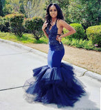 Royal Blue Mermaid African Prom Dress Sexy Spaghetti Straps Open Back Appliques Beaded Tiered Tulle Floor Length Evening Dresses HZ1023