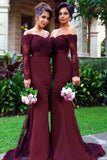 Maroon Lace and Spandex Long Sleeve Bridesmaid prom Dresses HZ1023
