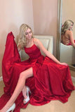 red long prom dress with spaghetti straps, lace up back and side slit HZ1023