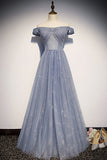 Strapless Blue Tulle Beaded Long A Line Off Shoulder Prom Dress, Evening Dress HZ1023