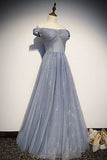 Strapless Blue Tulle Beaded Long A Line Off Shoulder Prom Dress, Evening Dress HZ1023