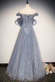 Strapless Blue Tulle Beaded Long A Line Off Shoulder Prom Dress, Evening Dress HZ1023