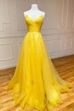Yellow v neck tulle long prom dress yellow formal dress HZ1023