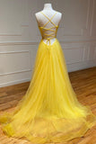 Yellow v neck tulle long prom dress yellow formal dress HZ1023