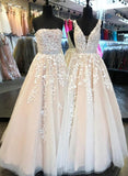 Custom made champagne lace tulle long prom dress, A line evening dresses HZ1023