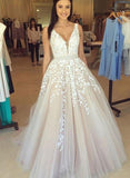 Custom made champagne lace tulle long prom dress, A line evening dresses HZ1023