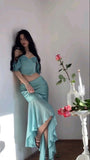 Gentle Mermaid Off the Shoulder Two Piece Chiffon Satin Party Dress Evening Dress HZ1023