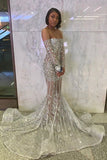 Long Sleeve Off The Shoulder Silver Black Girl Prom Dresses Mermaid Sexy Illusion Beads Crystals Evening Gowns Cheap HZ1023