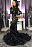 High Neck Shiny Appliques Black Girl Prom Dresses | Mermaid Long Sleeve Evening Gowns HZ1023