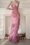 Retro Dreamy Mermaid Pink Print Floral Ruffle Chiffon Long Party Dress Evening Dress Date Dress HZ1023