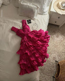 Hot Pink A Line V Neck Ruffles Satin Knee Length Homecoming Dresses Outfits HZ1023