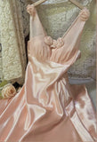 Sweet Pink 3D Rose A Line V Neck Satin Long Prom Dress Date Dress HZ1023