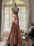 Elegant Mermaid V Neck Beaded Pink Chiffon Party Dress Evening Dress HZ1023