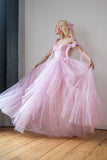 Star Sequin Pink A Line Straps Layered Tulle Date Dress Prom Dress Evening Dress HZ1023