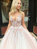 Pink v neck tulle lace long prom dress, pink tulle evening dress HZ1023