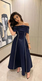 Navy Blue A Line Off the Shoulder Satin Prom Dress Party Dress Date Dress HZ1023