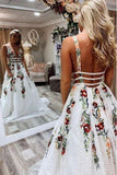 V-neck Sexy Floral Embroidered Long Prom Dresses HZ1023