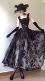 Vintage Black A Line Lace Satin Evening Dress Party Dress Date Dress HZ1023