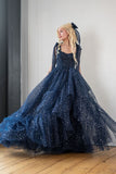 Star Sequin Navy Blue A Line Straps Layered Tulle Date Dress Prom Dress Evening Dress HZ1023