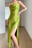 Simple Spaghetti Strap Satin Evening Dress With Slit HZ1023