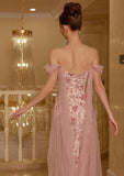 Pink Flowy Print Floral A Line Off the Shoulder Satin Tulle Party Dress Prom Dress HZ1023