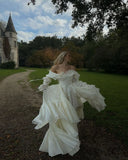 Princess A Line Long Sleeve Tiered Ivory Satin Long Party Dress Evening Dress HZ1023