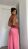 Pink A Line Halter Lace Satin Open Back Prom Dress Vacation Dress HZ1023