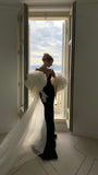 Elegant Mermaid Sweetheart Neck White Tulle Black Satin Prom Dress HZ1023
