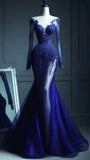 Royal Blue Mermaid Long Sleeve Lace Tulle Prom Dress Wedding Guest Dress Date Dress HZ1023
