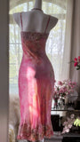 Pink Print Floral Sheath Spaghetti Straps Lace Chiffon Prom Dress Evening Dress HZ1023