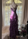 Purple Sheath Strapless Appliques Tiered Chiffon Long Prom Dress Evening Dress HZ1023