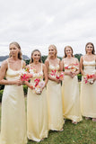 Yellow A Line Spaghetti Straps Satin Long Prom Dress Bridesmaid Dress HZ1023
