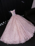 Exquisite Pink Beaded Feather Ball Gown Tulle Prom Dress Party Dress HZ1023