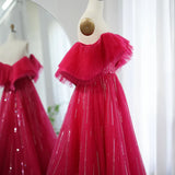 Rose red Off the Shoulder Sequin Rhinestone Tulle Long Ball Gown Prom Dress HZ1023