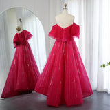 Rose red Off the Shoulder Sequin Rhinestone Tulle Long Ball Gown Prom Dress HZ1023