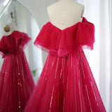 Rose red Off the Shoulder Sequin Rhinestone Tulle Long Ball Gown Prom Dress HZ1023